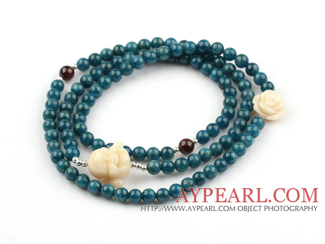 Cyanite Beaded Stretch Bracelet with Corozo Nut Buddha's Head and Rose Flower and Garnet and Sterling Silver Spacer Beads( Can also be Necklace )