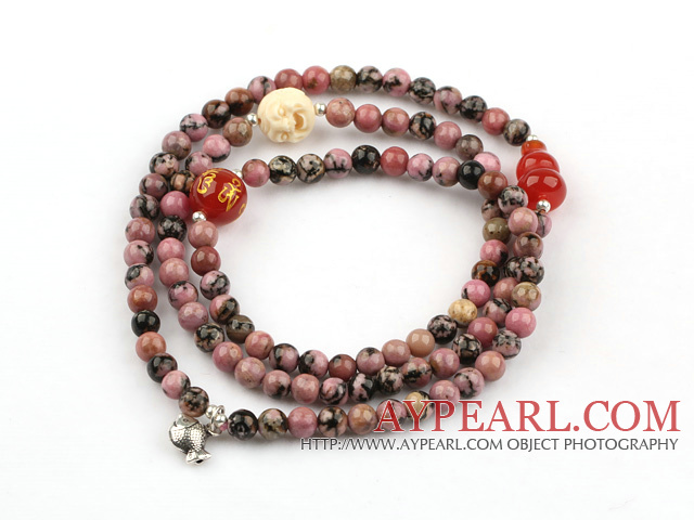 Red Jasper Beaded Stretch Bracelet with Corozo Nut Buddha's Head and Carnelian Cucurbit and Sterling Silver Fish Accessory ( Can also be Necklace )