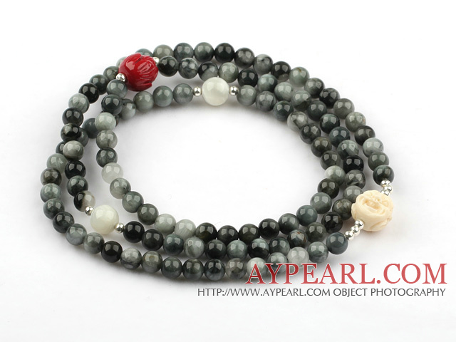 Stretch bleu perles oeil de tigre Bracelet avec tête Corozo noix de Bouddha et pierre de lune Lotus Coral Imitation Forme (Peut aussi être Necklace)