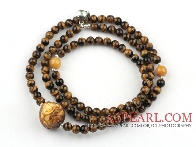 Perles oeil de tigre Bracelet extensible avec la tête de cire du Bouddha de Jade et de jaune et d'accessoires de poisson en argent sterling (Peut aussi être Necklace)