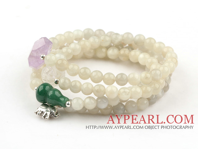 Γύρος Moonstone Beaded βραχιόλι Αμέθυστος με Stretch και σαφείς Crystal και Sterling Silver Elephant Αξεσουάρ (μπορεί να φορεθεί και σαν κολιέ)