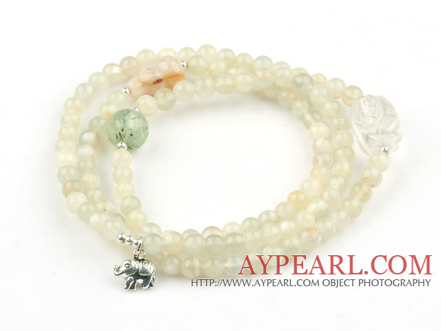 Round Moonstone Beaded Stretch Bracelet with Clear Crystal and Prehnite and Sterling Silver Elephant Accessory ( Can Also Be Worn As Necklace )