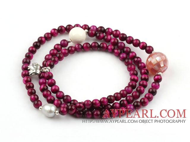 Purple Red Tiger Eye Beaded Bracelet extensible avec White Sea Shell et Pearl Shell et accessoires Sterling Silver Elephant (Peut aussi être Necklace)