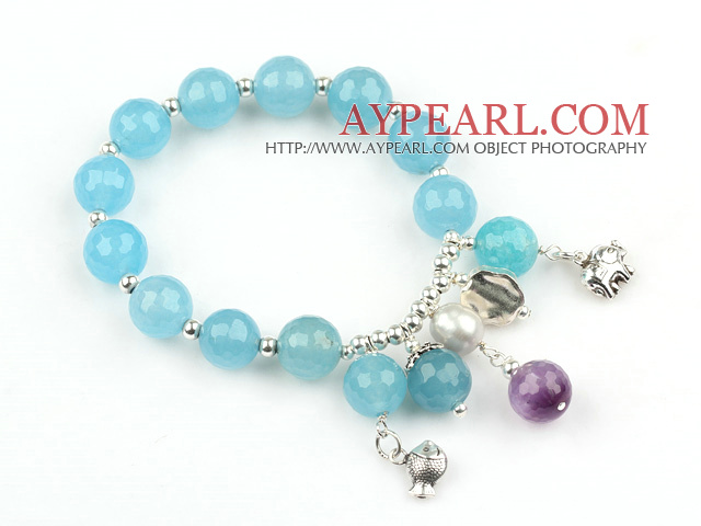 12mm Faceted Sponge Cyanit Stretch Armreif mit Sterling Silber Zubehör und Amethyst und Gray Pearl