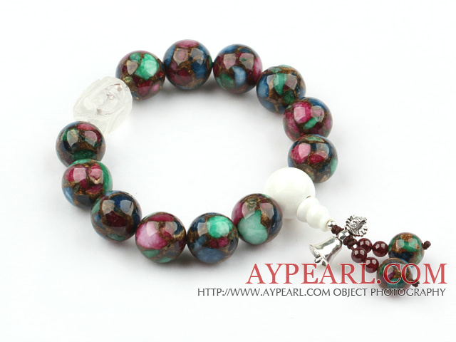 Taiwan Multi Color Turquoise Stretch Bangle Bracelet with White Sea Shell Buddha's Head and Sterling Silver Accessories