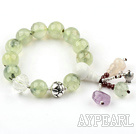 12mm Round Prehnite Stretch Bangle Bracelet with Pumpkin Shape Clear Crystal and Sterling Silver Accessories