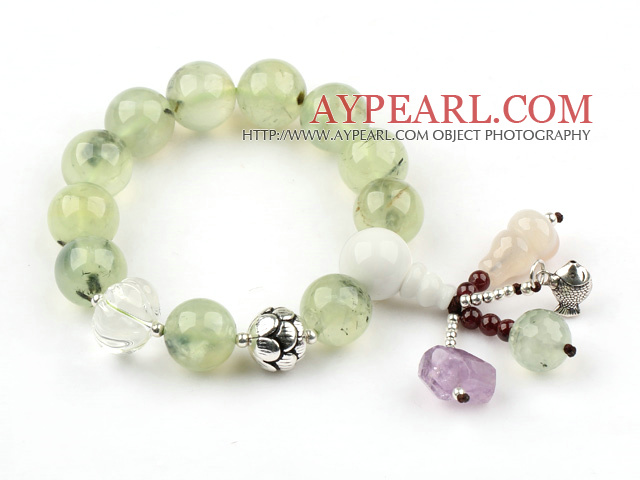 12mm Round Prehnite Stretch Bangle Bracelet with Pumpkin Shape Clear Crystal and Sterling Silver Accessories