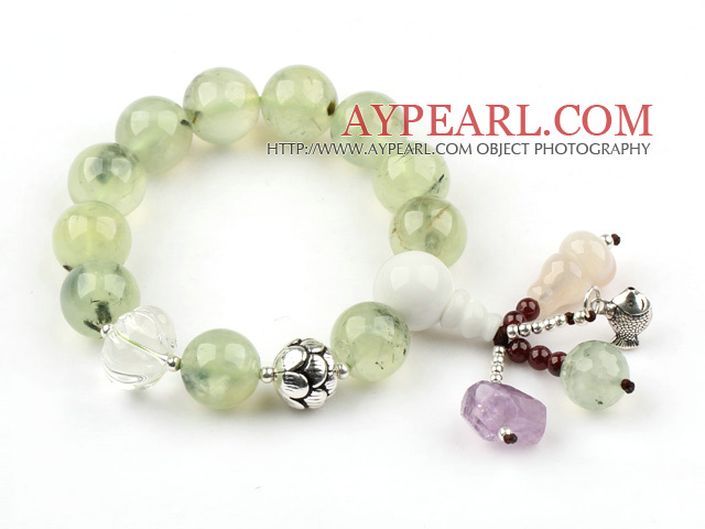 12mm Round Prehnite Stretch Bangle Bracelet med gresskar Shape Clear Crystal og sterling sølv tilbehør