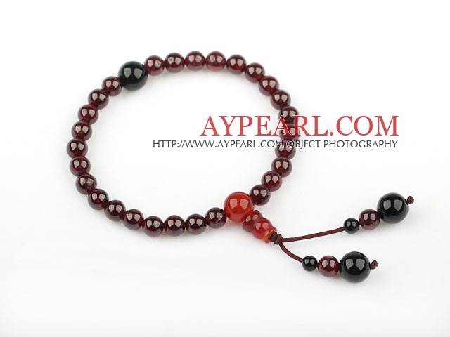 Wine Red Color naturlig granat Bønn armbånd med sort Agate og Carnelian