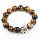 14mm Round Natural Tiger Eye Elastic Bangle Bracelet with Tiber Silver Bead