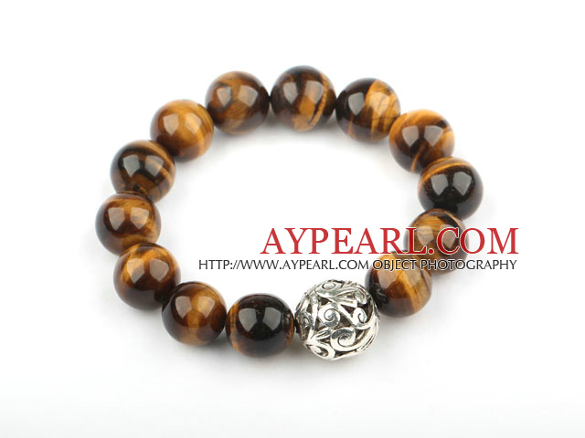 14mm Round Natural Tiger Eye Elastisk Bangle Bracelet med Tiber Silver Bead