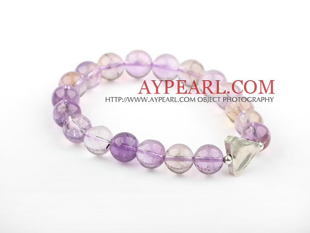 Purple Series 10mm Natural Round Ametrine Beaded Elastic Bangle Bracelet with Triangle Shape Thailand Silver Accessory