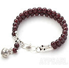 Two Rows Round Garnet Beaded Bracelet with Silver Beads and Ring Accessories