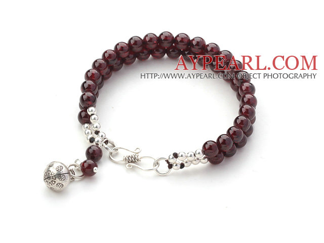 Two Rows Round Garnet Beaded Bracelet with Silver Beads and Ring Accessories