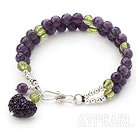 Two Rows Faceted Amethyst and Olivine Braclet with Silver Beads and Clasp