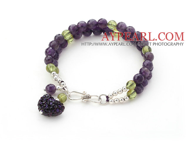 Zwei Reihen facettierten Amethyst und Olivine Braclet mit Silber Perlen und Verschluss