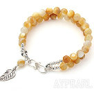 Two Rows Golden Color Mother of Pearl Bracelet with Silver Leaf Shape Accessory and Clasp