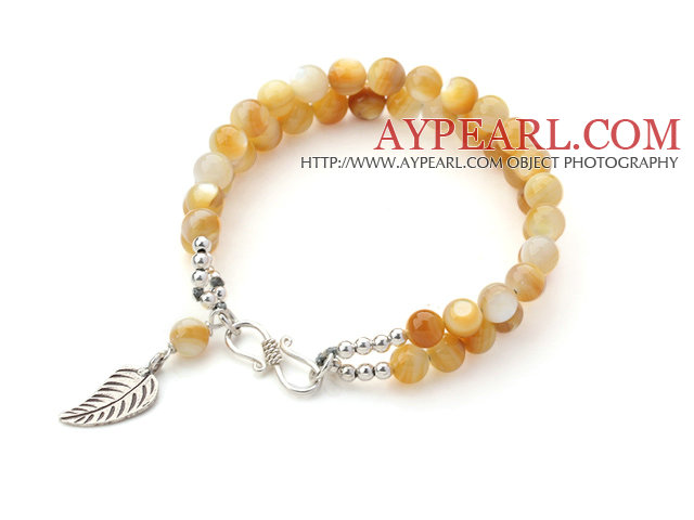 Two Rows Golden Color Mother of Pearl Bracelet with Silver Leaf Shape Accessory and Clasp