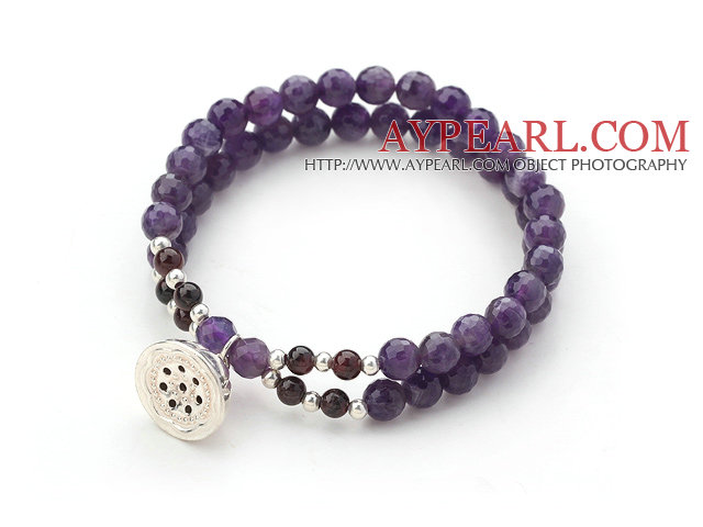 Two Rows Round Faceted Amethyst and Garnet Stretch Bangle Bracelet with Silver Lotus Seedpod Accessory