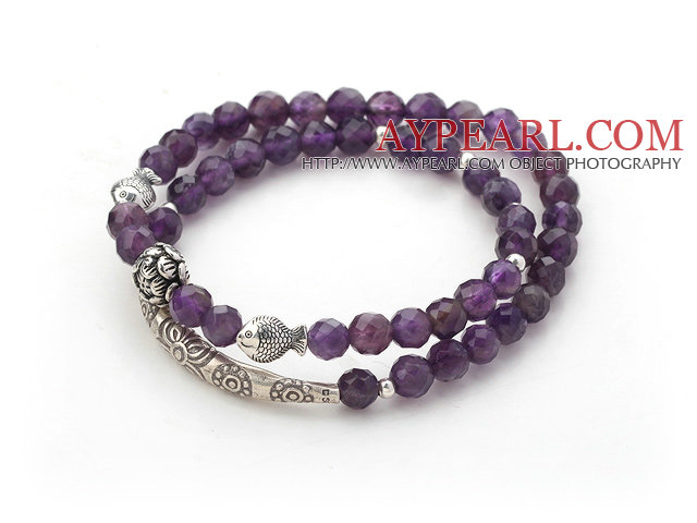 Two Rows Amethyst Beaded Stretch Bangle Bracelet with Silver Fish and Tube Accessories