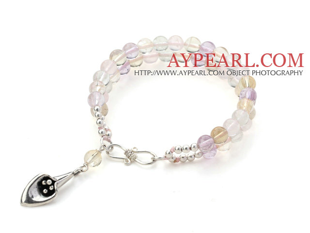 Two Strands Rose Quartz and Citrine and Amethyst Bracelet with Silver Leaf Accessory S Shape Clasp