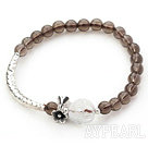 Natural Smoky Quartz and Clear Crystal Lotus Stretch Bangle Bracelet with Silver Tube