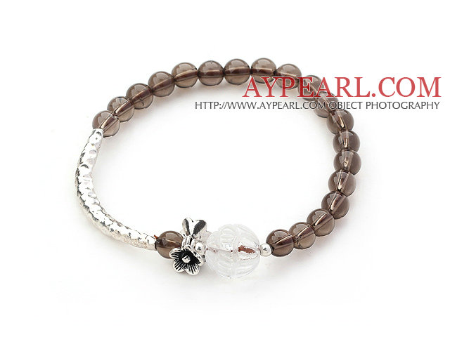 Natural Smoky Quartz and Clear Crystal Lotus Stretch Bangle Bracelet with Silver Tube