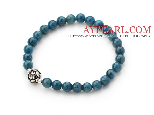 Singe Strand Kyanite Beaded Stretch Bangle Bracelet with Silver Lotus Seedpod Accessory