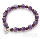 Singe Strand Round Garnet and Amethyst Stretch Bangle Bracelet with Silver Lotus Seedpod Accessory