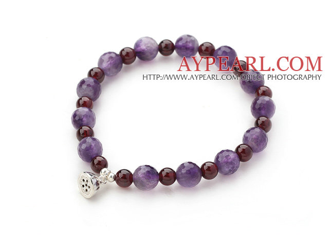 Singe Strand Round Garnet and Amethyst Stretch Bangle Bracelet with Silver Lotus Seedpod Accessory