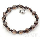 Singe Strand Heart Shape Smoky Quartz and Garnet Stretch Bangle Bracelet with Silver Fish Accessory