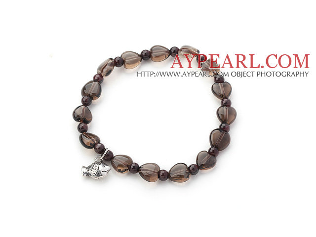 Singe Strand Heart Shape Smoky Quartz and Garnet Stretch Bangle Bracelet with Silver Fish Accessory