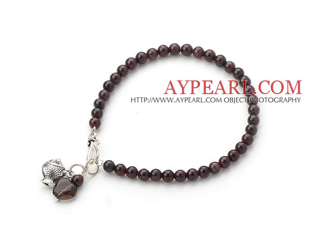 Natural Round Garnet og Smoky Quartz armbånd med Silver tilbehør