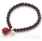 Natural Garnet and Thailand Silver Lotus Seedpod and Immitation Coral Lotus Stretch Bangle Bracelet