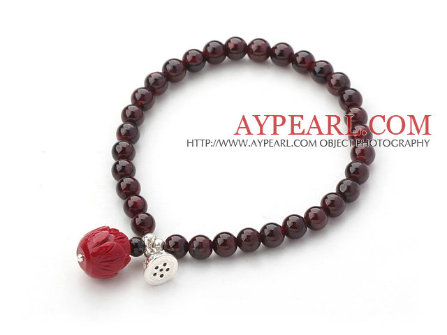 Natural Garnet and Thailand Silver Lotus Seedpod and Immitation Coral Lotus Stretch Bangle Bracelet