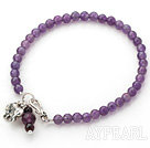 Natural Round Amethyst Beads and Garnet and Silver Elephant Bracelet