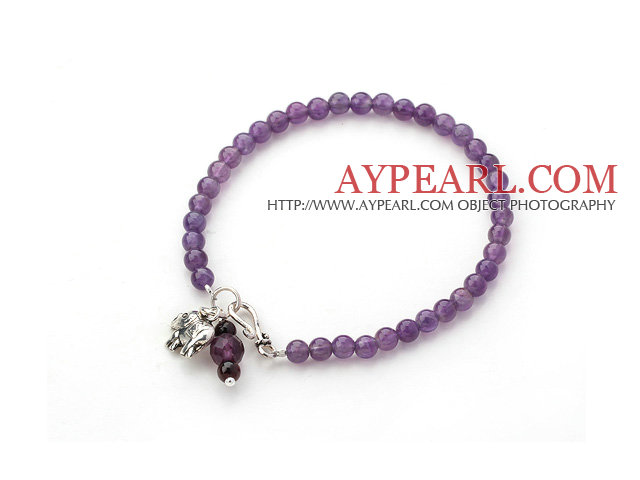 Natural Round Amethyst Beads and Garnet and Silver Elephant Bracelet
