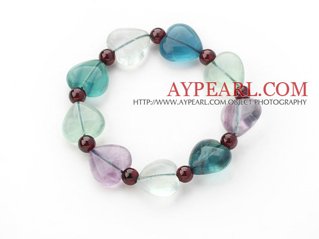 Heart Shape Naturliga Fluorit och Round Garnet Stretch Bangle Armband