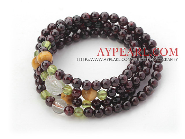 Natural Garnet Beaded Wrap Bangle Bracelet with Tiger Eye and Garnet and Clear Crystal