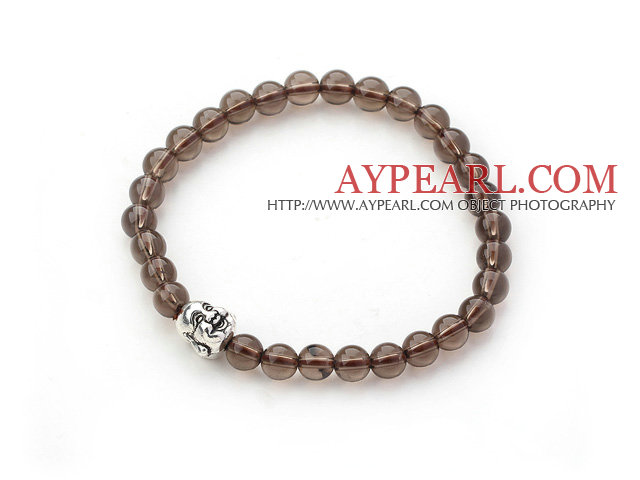 Natural Smoky Quartz and Tibet Silver Buddha's Head Stretch Bangle Bracelet