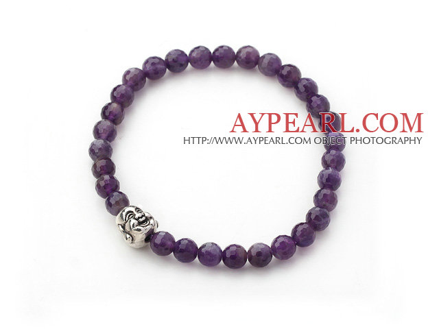 Natural Faceted Amethyst and Tibet Silver Buddha's Head Stretch Bangle Bracelet