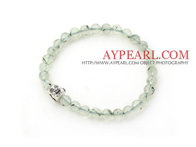 Natural Prehnite and Tibet Silver Buddha's Head Stretch Bangle Bracelet