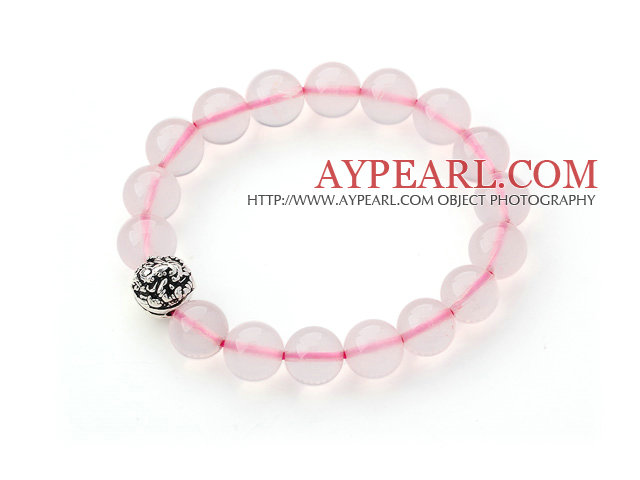 10 χιλιοστά A Class Μαδαγασκάρη Rose Quartz Beaded βραχιόλι βαρύ βραχιόλι με αξεσουάρ Stretch Ball Silver