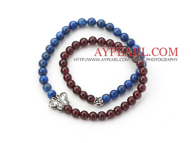 Round Lapis and Garnet Beaded Stretch Bangle Bracelet with Silver Accessory