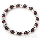 Round Garnet and Silver Beads Stretch Bangle Bracelet with Silver Lotus Accessory