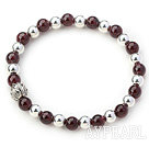 Round Garnet og Silver perler Stretch Bangle armbånd med sølv Lotus tilbehør