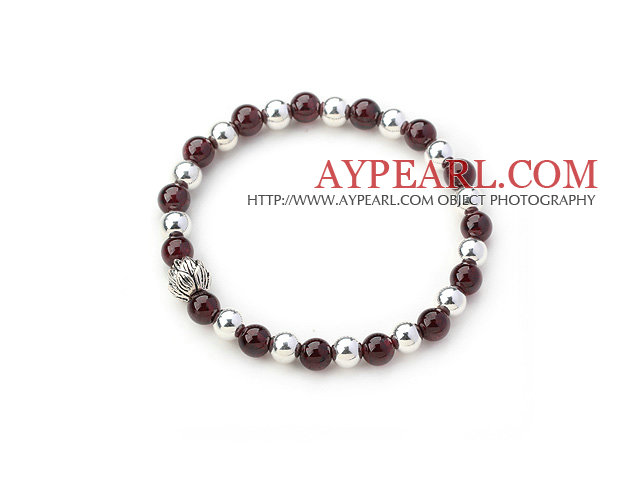 Round Garnet and Silver Beads Stretch Bangle Bracelet with Silver Lotus Accessory