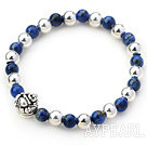 Round Lapis and Silver Beads Stretch Bangle Bracelet with Silver Laugh Buddha Accessory