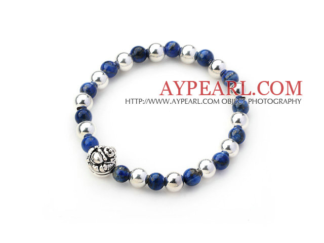 Round Lapis and Silver Beads Stretch Bangle Bracelet with Silver Laugh Buddha Accessory