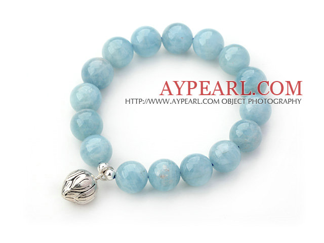 11.5mm Round Aquamarine Perlen Stretch-Armband mit Silber Lotus Zubehör